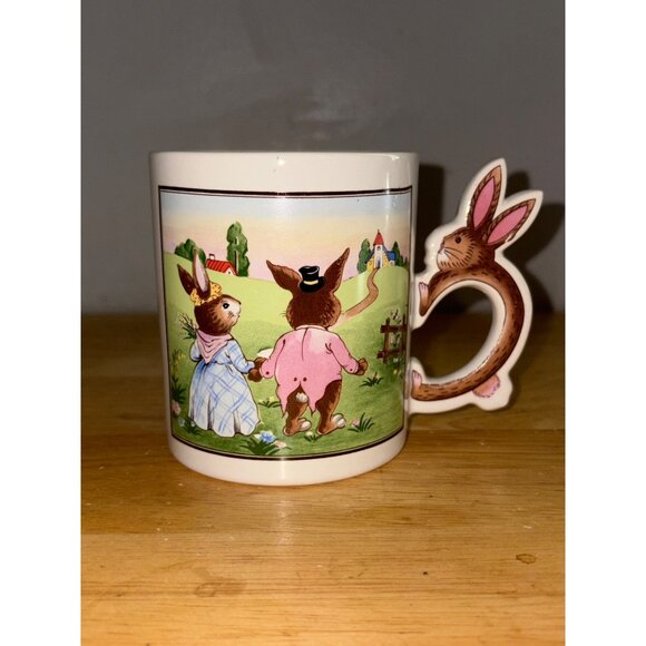 Vintage Ceramic Peter Rabbit Bunny Handle Coffee Mug With Pastoral Bunny Japan - Picture 1 of 6